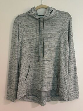 Market & Spruce Striped Hooded Pullover | Soft Knit Gray Green Hoodie L